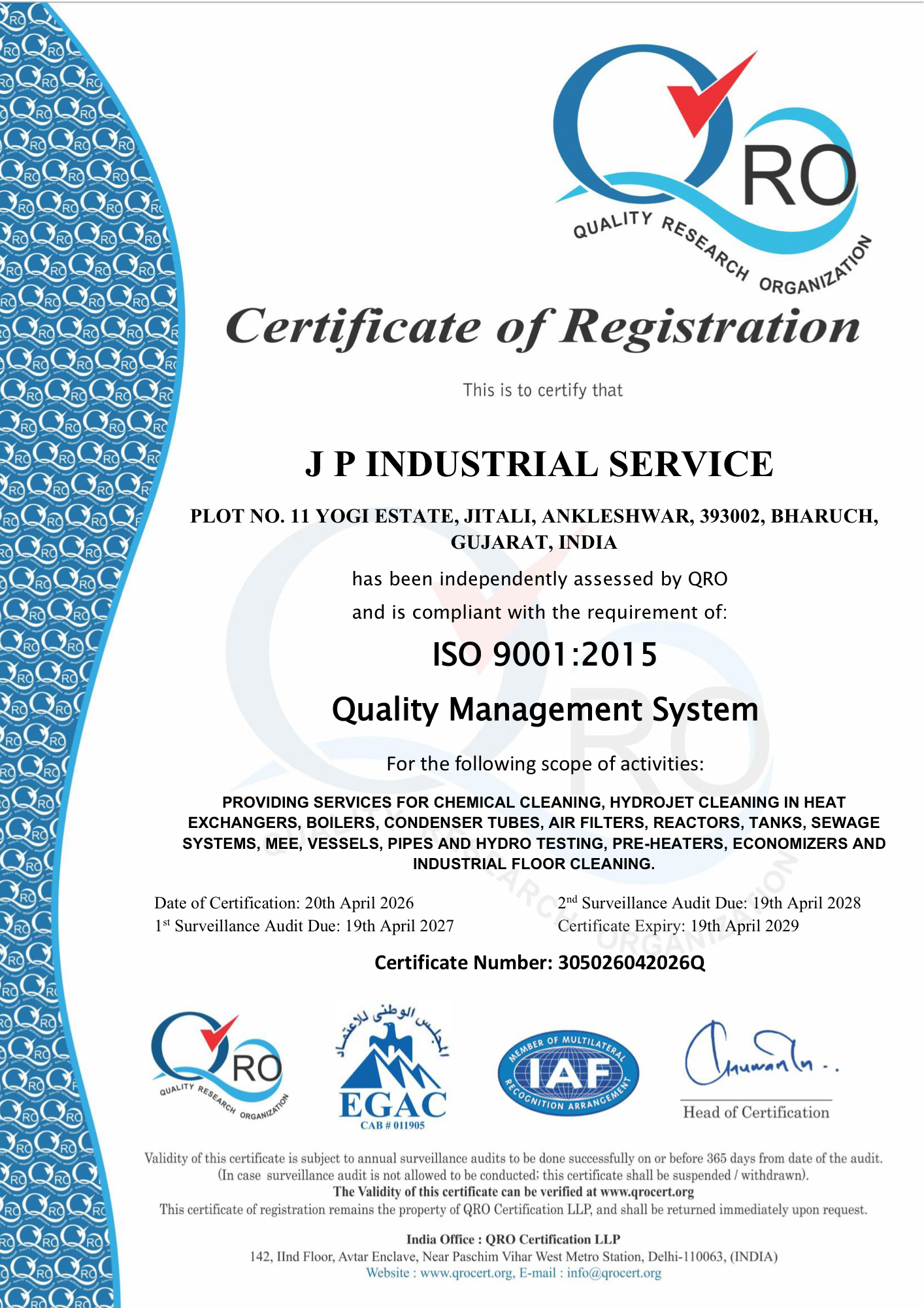ISO 9001:2015 Certificate — J P Industrial Service